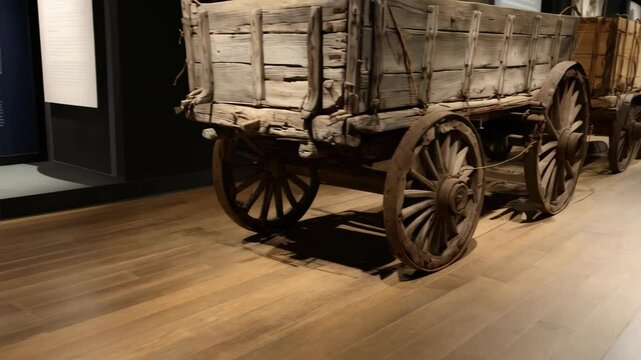 Antique wooden wagons showcasing weathered timber and rusty iron wheels aligned on a hardwood floor in a vintage display, evoking historical travel and transport.