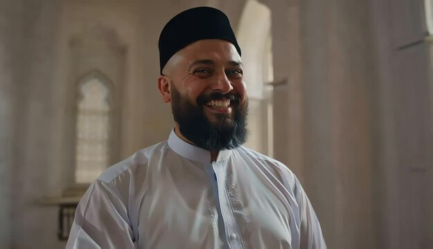 Muslim Man Waving Hand in Friendly Greeting Gesture with Traditional Islamic Clothing