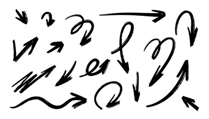 Set of charcoal arrow icons. Freehand doodle arrows with curved lines, swirls, and chalk texture. Perfect for hand drawn, rustic, or creative design projects.