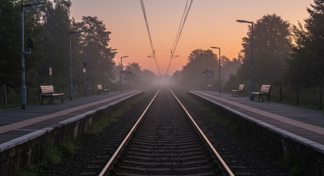 Sunrise misty railroad tracks