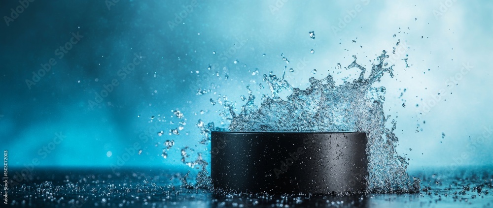Poster water splashes dramatically around a circular platform against a textured blue background in a creat