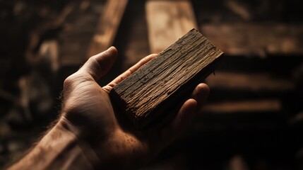 Hand Holding a Piece of Dark Weathered Wood