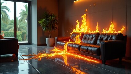 Black leather sofa in modern living room on fire with flames spreading dramatically.