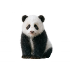 Fototapeta premium Cute panda cub sitting, showcasing its black and white fur against a white isolated background, perfect for wildlife and animal themes.
