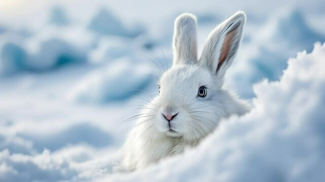 A close up of an Arctic hare&rsquo;s fluffy, snow white fur as it peers cautiously from behind a snowbank, with the icy wilderness stretching out around it