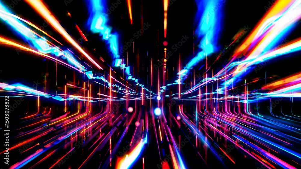 Poster vibrant neon light streaks in a symmetrical pattern, viewed from a low angle, creating a dynamic, fu