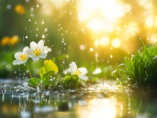 White flowers blooming in the rain with sun shining through. Water droplets and sunshine create a magical scene.