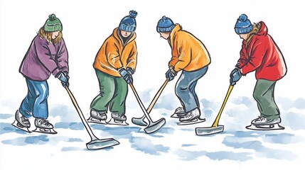 Winter Fun: Children Ice Skating and Clearing Ice