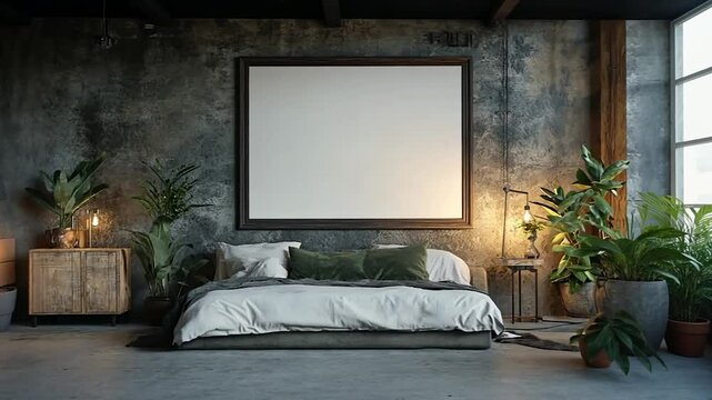 Serene Bedroom Interior Mockup with Empty Frame and Botanical Elements