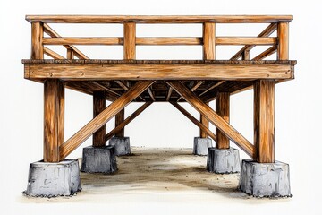 Detailed Illustration of a Wooden Deck with Gray Concrete Supports on Sandy Ground