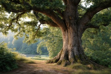 Fototapeta premium Ancient Oak Tree: Serene Landscape Photography