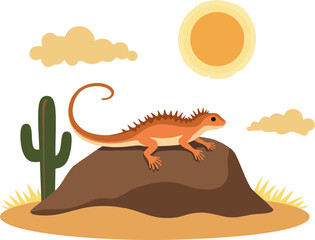 Desert Lizard Vector Illustration with Curved Tail on Rock Under Hot Sun and Cactus Background