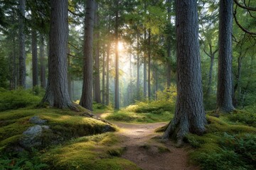 Obraz premium Sunlit Forest Path: A Serene, Mossy Landscape