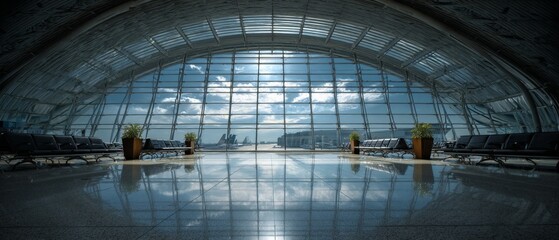 Expansive airport terminal with a futuristic design, featuring panoramic glass windows and reflective floors capturing sky's endless horizon.