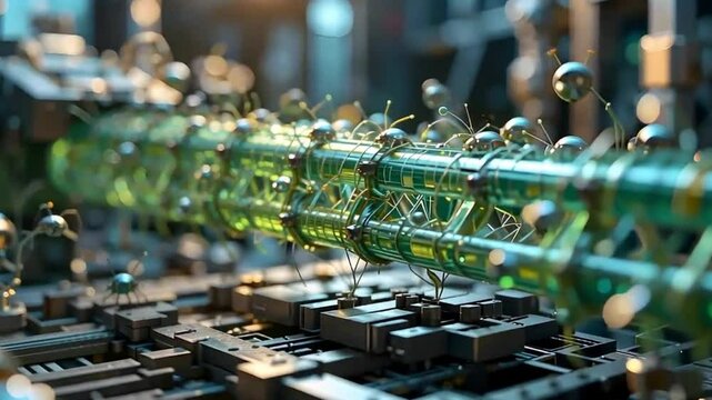 Futuristic green tube with robotic insects crawling on a metallic surface in a laboratory