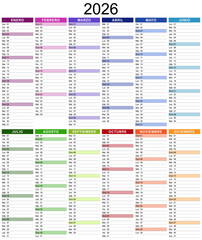 Modèle de calendrier 2026 pour agenda, organiseur ou planificateur avec textes en espagnol - Textes vectorisés et non vectorisés sur calques séparés