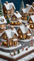 Whimsical Miniature Gingerbread Village on Snowy Table with Icing-Covered Houses, Candy Cane Street Lights, and Animated Little Characters &mdash; Festive Holiday Dessert Scene and Christmas Decoration