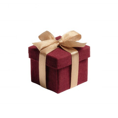 Obraz premium Small luxurious gift box in deep burgundy color, adorned with a shiny gold ribbon, ideal for special occasions like birthdays or anniversaries, against a white isolated background.