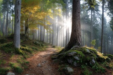 Obraz premium Sunlit Forest Path: A Serene Autumnal Scene