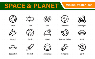 Modern Space and Planet Icons – Clean Outline, Line Art, and Vector Illustrations for Astronomy, Space Exploration, Planets, and Solar System Designs