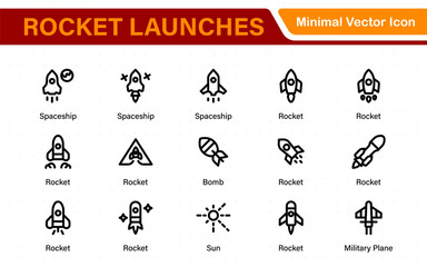 Rocket Launch Icon Pack – Clean Outline, Line Art, and Vector Illustrations for Space Missions, Satellite Launches, and Aerospace Projects