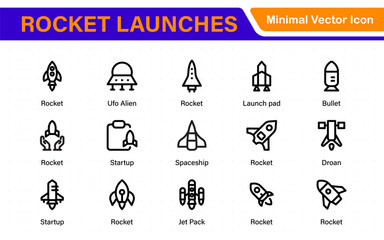 Rocket Launch Icon Pack – Clean Outline, Line Art, and Vector Illustrations for Space Missions, Satellite Launches, and Aerospace Projects