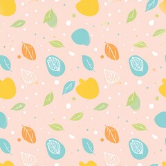 Colorful Seamless Pattern Featuring Leaves, Circles, and Dots on a Soft Pink Background for Creative Designs