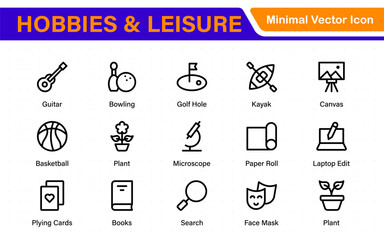 Creative Hobbies and Leisure Icons – Clean Outline, Line Art, Vector Illustrations for DIY Crafts, Outdoor Fun, Entertainment, and Recreation Projects