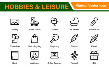 Creative Hobbies and Leisure Icons – Clean Outline, Line Art, Vector Illustrations for DIY Crafts, Outdoor Fun, Entertainment, and Recreation Projects