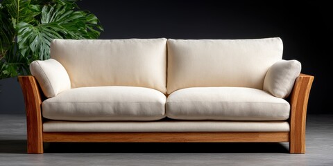 Modern beige sofa with wooden frame placed indoors, next to a large green plant against a dark background.