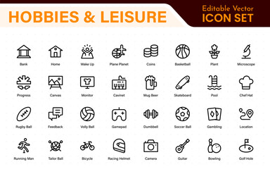 Creative Hobbies and Leisure Icons – Clean Outline, Line Art, Vector Illustrations for DIY Crafts, Outdoor Fun, Entertainment, and Recreation Projects