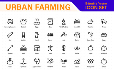 Modern Urban Farming Icons for Community Gardens – Clean Outline, Line Art, Vector Illustrations for Sustainable Farming, Urban Green Projects, and Apps