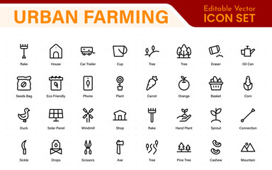 Modern Urban Farming Icons for Community Gardens – Clean Outline, Line Art, Vector Illustrations for Sustainable Farming, Urban Green Projects, and Apps