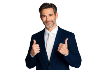 Handsome business leader smiling with thumbs up isolated on white background