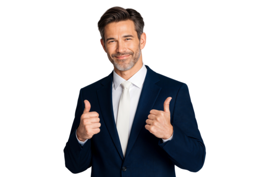 Handsome business leader smiling with thumbs up isolated on white background