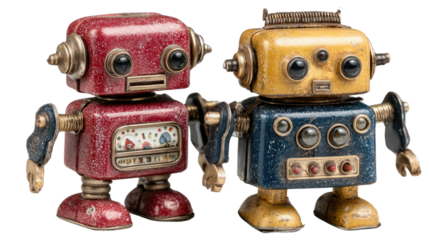 Retro Robotic Duo: Two vintage-style robots, a red one and a yellow one, stand side by side with charming detail. Their unique features and weathered aesthetic embody the past of technology.