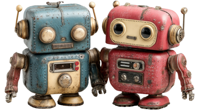 Vintage Robots: A pair of charming vintage robots stand side-by-side, showcasing a fusion of retro aesthetics and technological whimsy. Their endearing forms evoke nostalgia, and hint at a bygone era.
