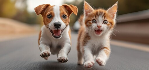 Joyful Run: A Jack Russell Puppy and Ginger Kitten's Playful Chase