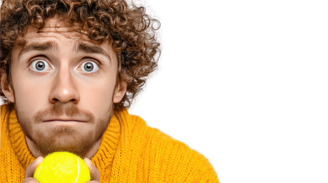 Intense Focus: A portrait of a man intensely fixated on the tennis ball he is holding, his wide eyes and curious expression speak of concentration and wonder. 