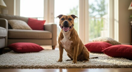 A brown dog sits on a light rug in a living room, surrounded by red pillows and large windows letting in natural light.