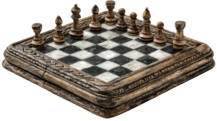 Chessboard Strategy: A vintage chess set, intricately carved and thoughtfully arranged, invites a mental game of strategy on its checkered field.