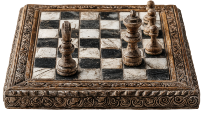 Antique Chessboard: A vintage chessboard with intricately carved wooden frame and aged marble squares, featuring a mid-game setup of chess pieces.