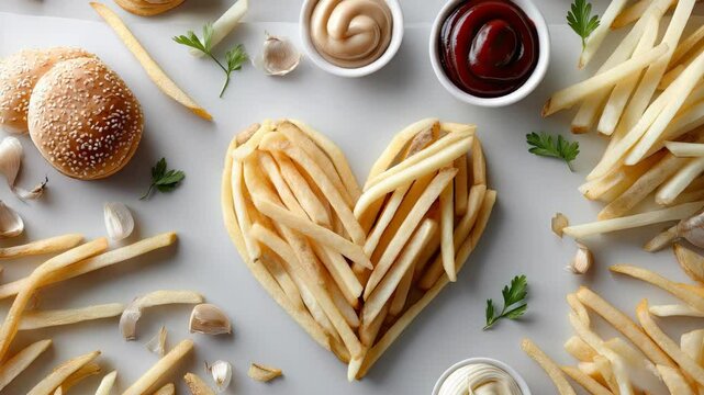 Delicious heart-shaped arrangement of crispy fries surrounded by condiments and garlic on a light background