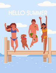 People relaxing in the summer sea with a dog, everyone jumping into the sea. Group of friends men, women in swimsuits in the sea relaxing on the beach. Flat vector illustration.
