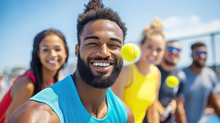 Happy diverse friends playing tennis outdoors.