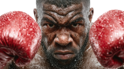 Intensity in the Ring: A powerful, determined boxer with fierce eyes and sweat-drenched skin stands poised, his focus and readiness for the match is palpable. 