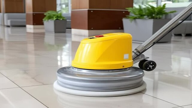 Floor cleaning process in a modern commercial lobby during daytime hours using a floor buffer and polishing machine