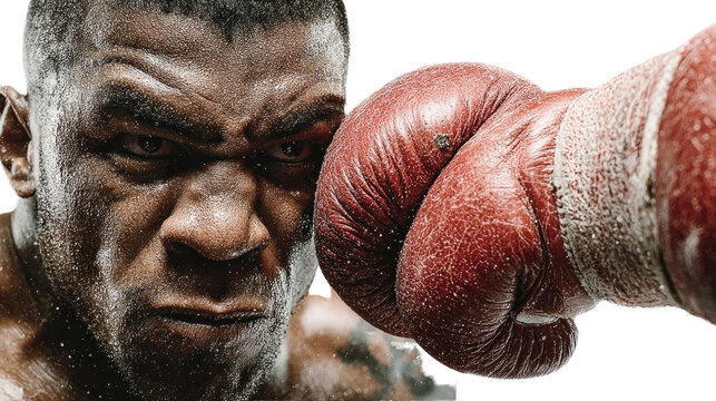 Fierce Boxer's Impact: A close-up shot captures the intensity of a boxer as a gloved fist makes powerful contact, embodying the essence of a fight. - Powered by Adobe