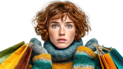 Shopping Spree Impression: A stylish shopper, wrapped in cozy winter attire, clutches shopping bags with an expression of delightful surprise, perfectly capturing the excitement of retail therapy.