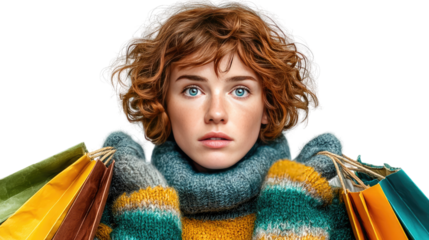 Shopping Spree Impression: A stylish shopper, wrapped in cozy winter attire, clutches shopping bags with an expression of delightful surprise, perfectly capturing the excitement of retail therapy.